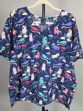 Zoe + Chloe Unicorn Narwhal Rainbow Scrub Top 3XL VGUC